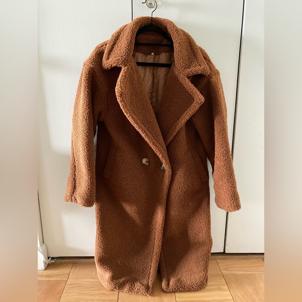 Teddy coat, camel color, fits size s